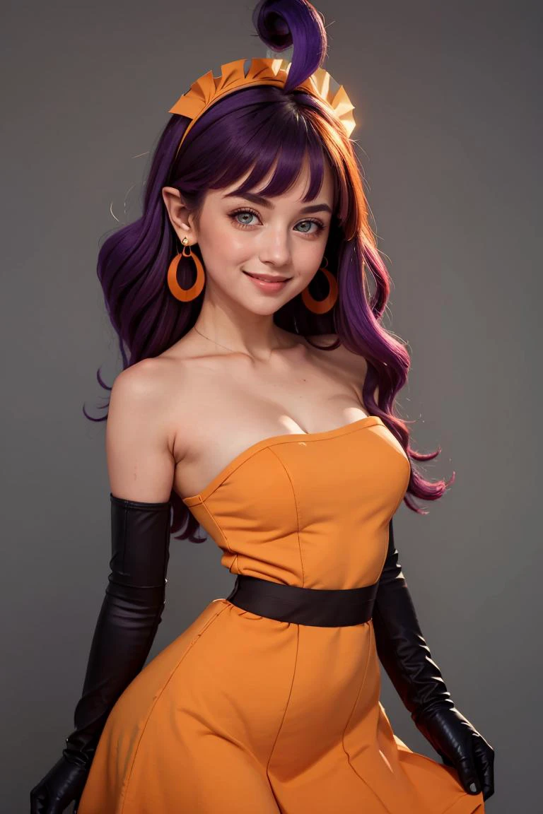 (masterpiece, best quality:1.2), solo,
upper body, portrait, beautiful eyes, full lips,
<lora:Stardust_Pumpkins_Citron_OC_Anime:0.8>, Stardust_Pumpkins_Citron_OC, 1girl, solo, long purple hair, orange eyes, ahoge, pointy ears, orange dress, elbow gloves, bare shoulders, maid headdress, jewelry, earrings, solo, smiling, looking at viewer,