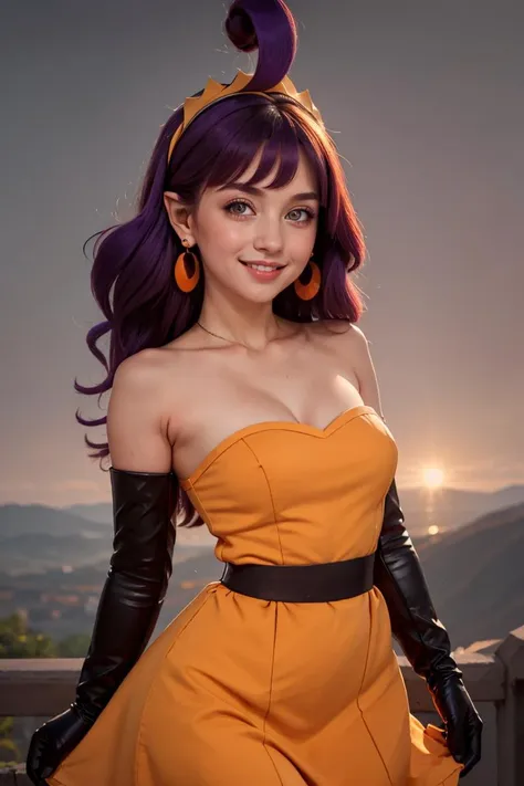 (masterpiece, best quality:1.2), solo, 
upper body, portrait, beautiful eyes, full lips, 
<lora:Stardust_Pumpkins_Citron_OC_Anime:0.8>, Stardust_Pumpkins_Citron_OC, 1girl, solo, long purple hair, orange eyes, ahoge, pointy ears, orange dress, elbow gloves, bare shoulders, maid headdress, jewelry, earrings, solo, smiling, looking at viewer,