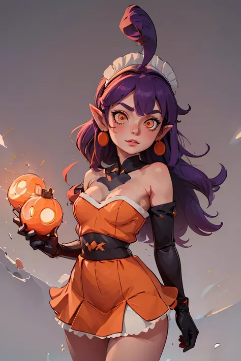 (masterpiece, best quality), 1girl,   <lora:Stardust_Pumpkins_Citron_OC_Anime:1> Stardust_Pumpkins_Citron_OC, 1girl, solo, long purple hair,  orange eyes, ahoge, pointy ears, orange dress, elbow gloves, bare shoulders, maid headdress, jewelry, earrings