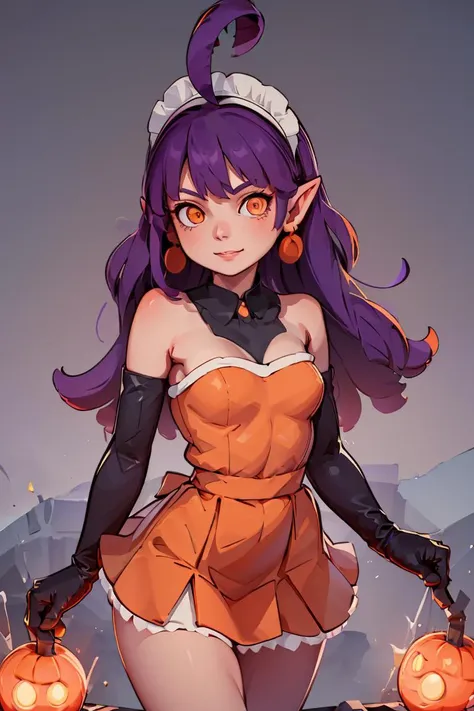 (masterpiece, best quality), 1girl,   <lora:Stardust_Pumpkins_Citron_OC_Anime:1> Stardust_Pumpkins_Citron_OC, 1girl, solo, long purple hair,  orange eyes, ahoge, pointy ears, orange dress, elbow gloves, bare shoulders, maid headdress, jewelry, earrings