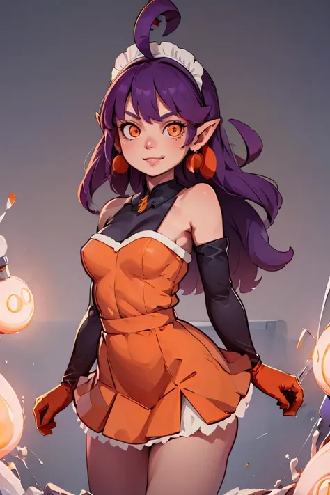 (masterpiece, best quality), 1girl,   <lora:Stardust_Pumpkins_Citron_OC_Anime:1> Stardust_Pumpkins_Citron_OC, 1girl, solo, long purple hair,  orange eyes, ahoge, pointy ears, orange dress, elbow gloves, bare shoulders, maid headdress, jewelry, earrings