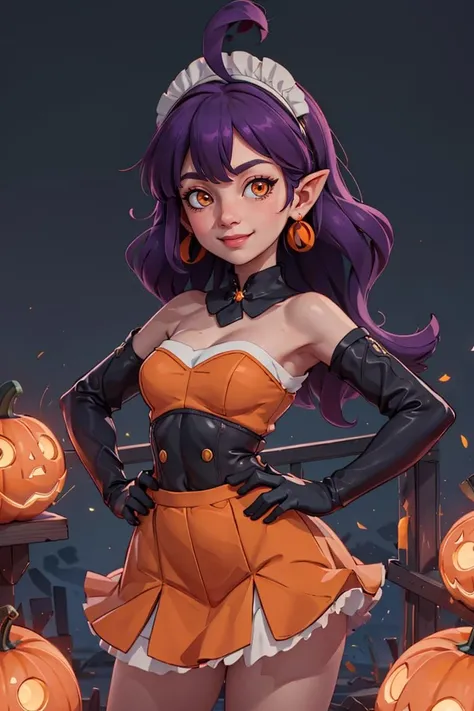 centered, award winning upper body portrait, cowboy shot, (looking at viewer:1.2), |
<lora:Stardust_Pumpkins_Citron_OC_Anime:0.8>, Stardust_Pumpkins_Citron_OC,
1girl, solo, long purple hair, orange eyes, ahoge, pointy ears, orange dress, elbow gloves, bare shoulders, maid headdress, jewelry, earrings,
solo, smiling,
hands on hips, contrapposto,
| graveyard, pumpkins in background,
| bokeh, depth of field, cinematic composition, |