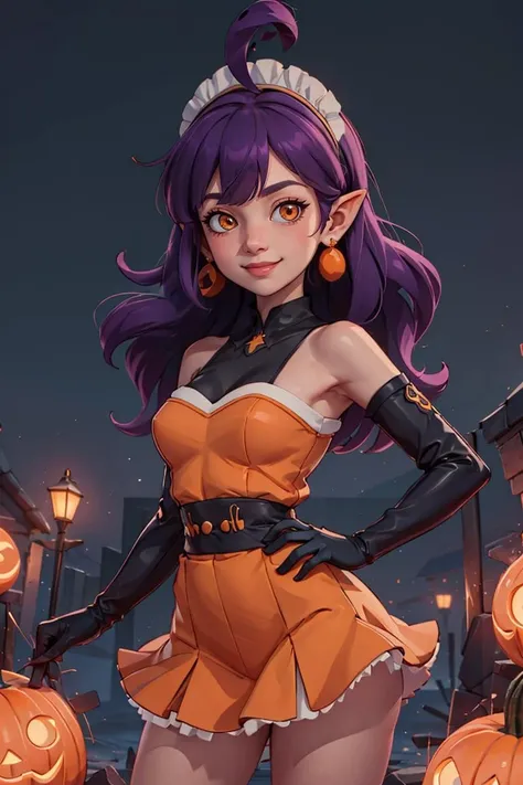 centered, award winning upper body portrait, cowboy shot, (looking at viewer:1.2), |
<lora:Stardust_Pumpkins_Citron_OC_Anime:0.8>, Stardust_Pumpkins_Citron_OC, 
1girl, solo, long purple hair,  orange eyes, ahoge, pointy ears, orange dress, elbow gloves, bare shoulders, maid headdress, jewelry, earrings, 
solo, smiling, 
, contrapposto, 
| graveyard, pumpkins in background, 
| bokeh, depth of field, cinematic composition, |