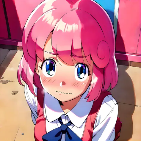 <lora:pony_xl_pastel:0.8>,pastel,score_9,score_8_up,score_7_up,source_anime,pink hair,solo,1girl,take a look away from the viewer,school_uniform,:d,heart shape effect,eyes in the shape of a heart,face close-up,front view,looking in love,wavy mouth,blush,arms_behind_back,leaning_forward,