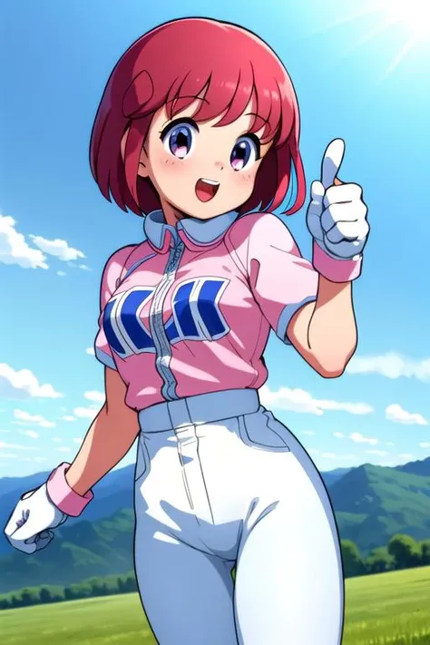 masterpiece,ultra detail,best quality,1girl,ite,pastel,outdoor,smile,strong wind, thumbs up,open field,happy, <lora:pastel:0.7>,printed shirt,glove,cloud,on vehicle,open mouth,teeth,winbee