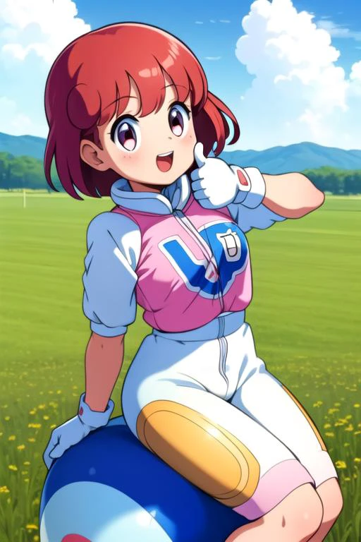 masterpiece,ultra detail,best quality,1girl,ite,pastel,outdoor,smile,strong wind, thumbs up,open field,happy, <lora:pastel:0.7>,printed shirt,glove,cloud,sitting on spherical vehicle,open mouth,teeth,winbee