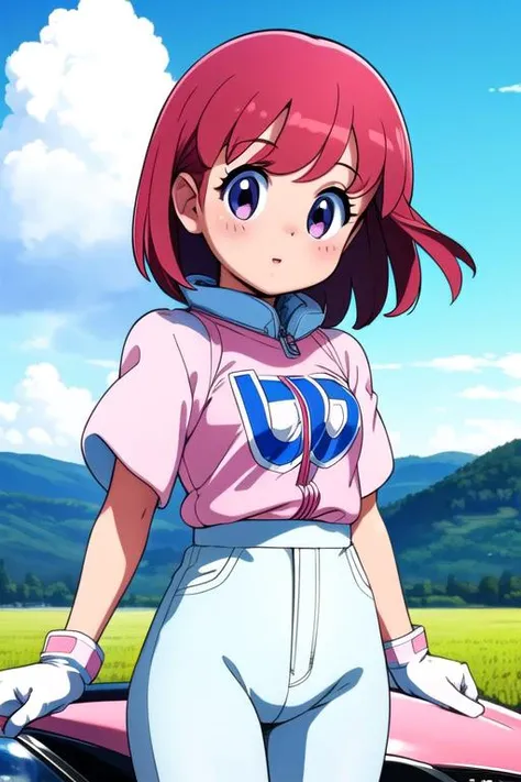 masterpiece,ultra detail,best quality,1girl,ite,pastel,outdoor,open field,happy, <lora:pastel:0.7>,printed shirt,glove,cloud,on vehicle