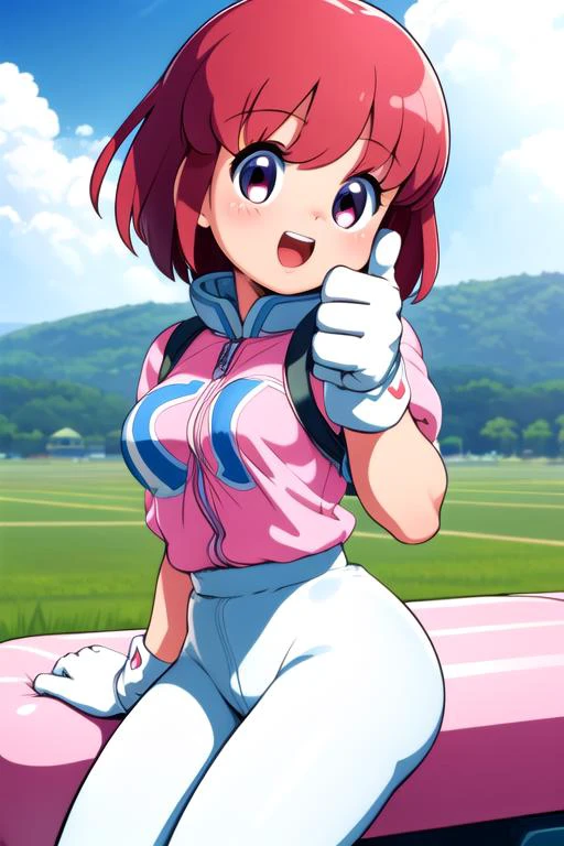 masterpiece,ultra detail,best quality,1girl,ite,pastel,outdoor,smile,strong wind, thumbs up,open field,happy, <lora:pastel:0.7>,printed shirt,glove,cloud,sitting on spherical vehicle,open mouth,teeth,winbee