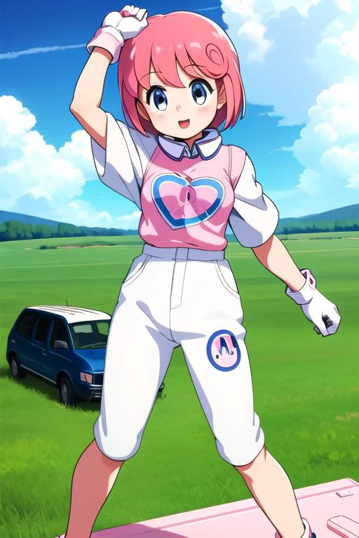 masterpiece,ultra detail,best quality,1girl,ite,pastel,outdoor,open field,happy, <lora:pastel:0.7>,printed shirt,glove,cloud,on vehicle