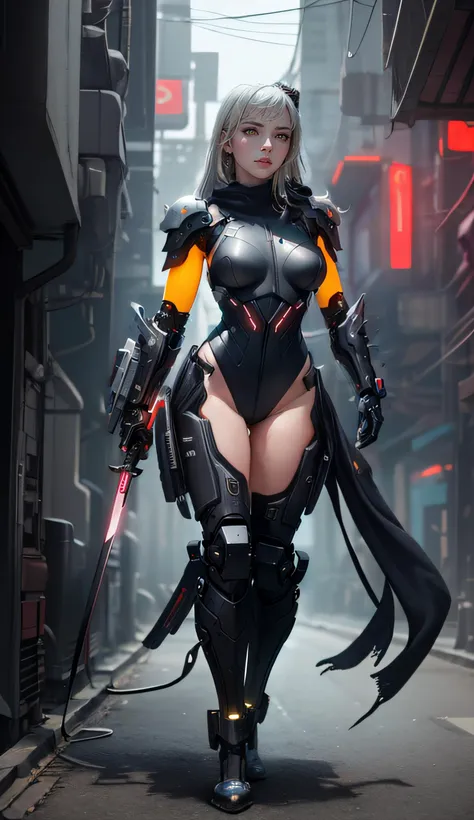 full body, portrait, dynamic camera, dynamic poses, masterpiece, (((cyberpunk))), futuristic, concept art, (ultra realistic:1.5), octane render, global illumination, shadows, octane render, 8k, ultra sharp,metal,intricate,highly intricate details, realistic light, trending on cgsociety,
glowing eyes, facing camera, 1 girl, female assassin with ((long flowing platinum blonde hair)), extremely beautiful, (((perfect face))), (((extremely detailed face))), ((yellow eyes:1.2)), (glowing eyes:0.2), highly detailed eyes, (((perfect hands))), (36DD breasts), 8k, (masterpiece 1.4), HDR,, vibrant colours, (light rays), shadows,, concept art, highest quality, highly detailed, realistic, photo realistic,((hyper realistic:1.1)), (all black cyberpunk samurai armor), long flowing scarf, extensive neon lighting, holding cyber glowing katana blade, highly detailed sword, electricity (extremely detailed mechanical armour), cybernetic implants, (((extremely detailed cybernetic arms and legs))), various cybernetic lights, intense neon lighting on arms, intricate gauntlet mechanical detail, extremely detailed background, neo tokyo,
art by Sail Lin,,, 1 girl, female assassin with ((long flowing platinum blonde hair)), extremely beautiful, (((perfect face))), (((extremely detailed face))), ((yellow eyes:1.2)), (glowing eyes:0.2), highly detailed eyes, (((perfect hands))), (36DD breasts), 8k, (masterpiece 1.4), HDR,, vibrant colours, (light rays), shadows,, concept art, highest quality, highly detailed, realistic, photo realistic,((hyper realistic:1.1)),