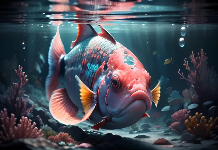 cute pink fish looking at the viewer, underwater, bubbles, corals, caustic, <lora:add_detail:0.5> (masterpiece, top quality, best quality,(8K, HDR, highres), ((((hyperrealism, masterpiece, best quality, ultra highres)))), (pin light, cinematic light), (hyper detail, finely detailed), Professional colorgrading <lora:aki:0.5>