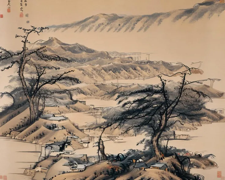 best quality,masterpiece,highly detailed,ultra-detailed,<lora:neg4all_bdsqlsz_V3.5:-1>landscape with earth landscape, scenery, no humans,  <lora:BadaShanren:1> badashanren, å«å¤§å±±äºº, zhu da