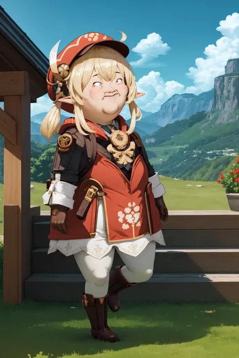 (masterpiece, best quality:1.2), (absurdres, highres, ultra-detailed), (perfect anatomy), <lora:add_detail:0.3>, <lora:genshinfull1:1>, kleedef, full body, smile, blush, outdoors, day, blue sky, sky, temple, looking at viewer, stairs, mountain, moody lighting, flashgitz, fat, <lora:FlashgitzV1:1.2>