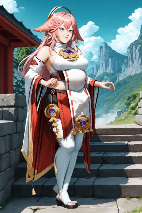 (masterpiece, best quality:1.2), (absurdres, highres, ultra-detailed), (perfect anatomy), <lora:add_detail:0.3>, <lora:genshinfull1:1>, yaemikodef, full body, smile, blush, outdoors, day, blue sky, sky, temple, looking at viewer, stairs, mountain, moody lighting, flashgitz, fat, <lora:FlashgitzV1:1.2>