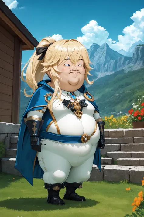 (masterpiece, best quality:1.2), (absurdres, highres, ultra-detailed), (perfect anatomy), <lora:add_detail:0.3>, <lora:genshinfull1:1>, jeanfavonian, full body, smile, blush, outdoors, day, blue sky, sky, temple, looking at viewer, stairs, mountain, moody lighting, flashgitz, fat, <lora:FlashgitzV1:1.2>
