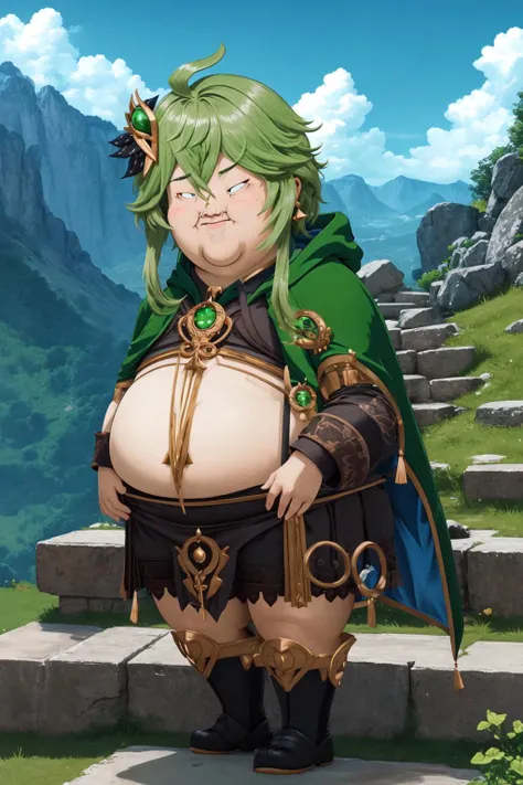 (masterpiece, best quality:1.2), (absurdres, highres, ultra-detailed), (perfect anatomy), <lora:add_detail:0.3>, <lora:genshinfull1:1>, colleidef, full body, smile, blush, outdoors, day, blue sky, sky, temple, looking at viewer, stairs, mountain, moody lighting, flashgitz, fat, <lora:FlashgitzV1:1.2>