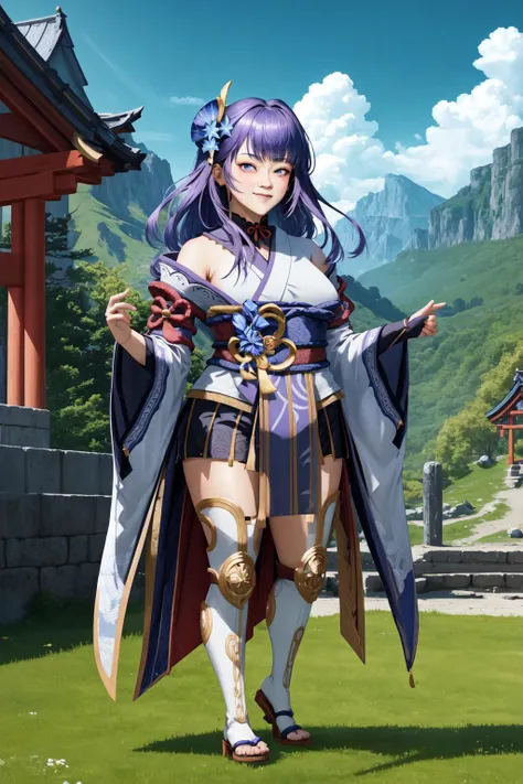 (masterpiece, best quality:1.2), (absurdres, highres, ultra-detailed), (perfect anatomy), <lora:add_detail:0.3>, <lora:genshinfull1:1>, raidenshogundef, full body, smile, blush, outdoors, day, blue sky, sky, temple, looking at viewer, stairs, mountain, moody lighting, flashgitz, fat, <lora:FlashgitzV1:1.2>