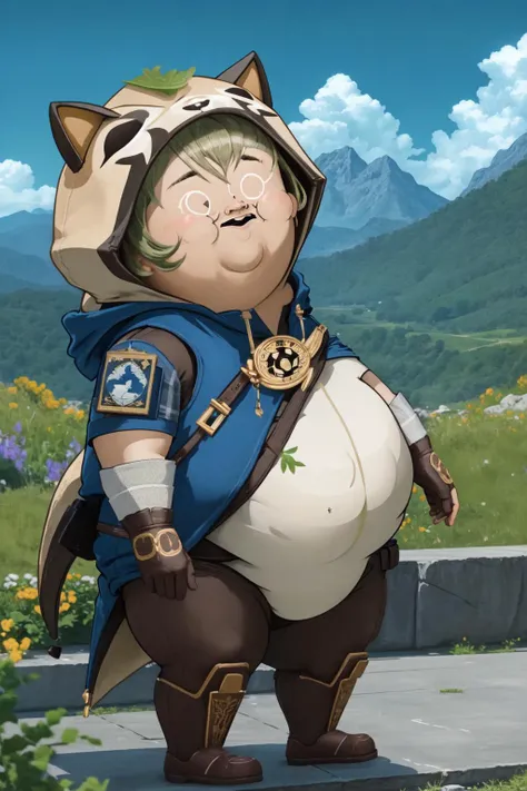 (masterpiece, best quality:1.2), (absurdres, highres, ultra-detailed), (perfect anatomy), <lora:add_detail:0.3>, <lora:genshinfull1:1>, sayudef, full body, smile, blush, outdoors, day, blue sky, sky, temple, looking at viewer, stairs, mountain, moody lighting, flashgitz, fat, <lora:FlashgitzV1:1.2>