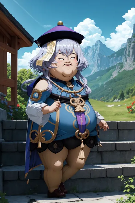 (masterpiece, best quality:1.2), (absurdres, highres, ultra-detailed), (perfect anatomy), <lora:add_detail:0.3>, <lora:genshinfull1:1>, qiqidef, full body, smile, blush, outdoors, day, blue sky, sky, temple, looking at viewer, stairs, mountain, moody lighting, flashgitz, fat, <lora:FlashgitzV1:1.2>