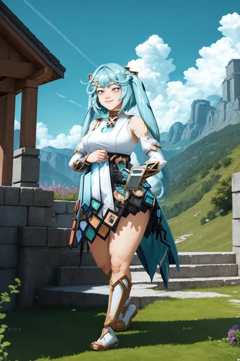 (masterpiece, best quality:1.2), (absurdres, highres, ultra-detailed), (perfect anatomy), <lora:add_detail:0.3>, <lora:genshinfull1:1>, faruzandef, full body, smile, blush, outdoors, day, blue sky, sky, temple, looking at viewer, stairs, mountain, moody lighting, flashgitz, fat, <lora:FlashgitzV1:1.2>