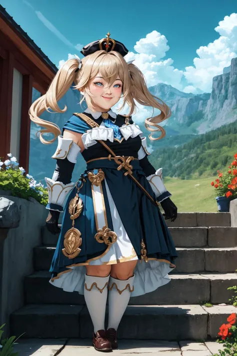 (masterpiece, best quality:1.2), (absurdres, highres, ultra-detailed), (perfect anatomy), <lora:add_detail:0.3>, <lora:genshinfull1:1>, barbaradef, full body, smile, blush, outdoors, day, blue sky, sky, temple, looking at viewer, stairs, mountain, moody lighting, flashgitz, fat, <lora:FlashgitzV1:1.2>