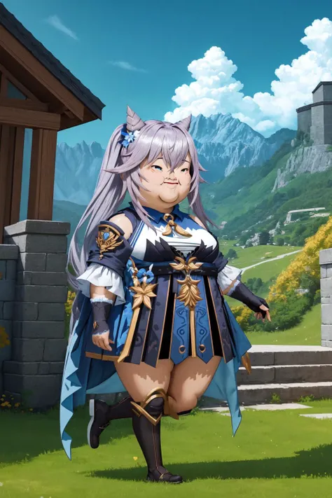 (masterpiece, best quality:1.2), (absurdres, highres, ultra-detailed), (perfect anatomy), <lora:add_detail:0.3>, <lora:genshinfull1:1>, keqingdef, full body, smile, blush, outdoors, day, blue sky, sky, temple, looking at viewer, stairs, mountain, moody lighting, flashgitz, fat, <lora:FlashgitzV1:1.2>