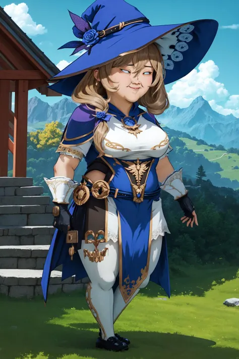 (masterpiece, best quality:1.2), (absurdres, highres, ultra-detailed), (perfect anatomy), <lora:add_detail:0.3>, <lora:genshinfull1:1>, lisadef, full body, smile, blush, outdoors, day, blue sky, sky, temple, looking at viewer, stairs, mountain, moody lighting, flashgitz, fat, <lora:FlashgitzV1:1.2>