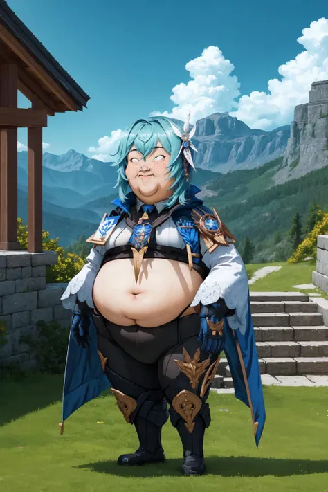 (masterpiece, best quality:1.2), (absurdres, highres, ultra-detailed), (perfect anatomy), <lora:add_detail:0.3>, <lora:genshinfull1:1>, euladef, full body, smile, blush, outdoors, day, blue sky, sky, temple, looking at viewer, stairs, mountain, moody lighting, flashgitz, fat, <lora:FlashgitzV1:1.2>
