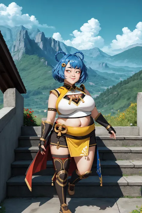 (masterpiece, best quality:1.2), (absurdres, highres, ultra-detailed), (perfect anatomy), <lora:add_detail:0.3>, <lora:genshinfull1:1>, xianglingdef, full body, smile, blush, outdoors, day, blue sky, sky, temple, looking at viewer, stairs, mountain, moody lighting, flashgitz, fat, <lora:FlashgitzV1:1.2>