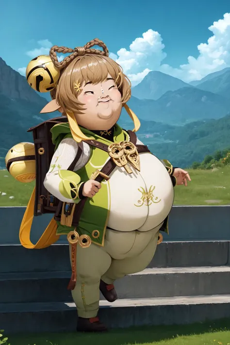(masterpiece, best quality:1.2), (absurdres, highres, ultra-detailed), (perfect anatomy), <lora:add_detail:0.3>, <lora:genshinfull1:1>, yaoyaodef, full body, smile, blush, outdoors, day, blue sky, sky, temple, looking at viewer, stairs, mountain, moody lighting, flashgitz, fat, <lora:FlashgitzV1:1.2>