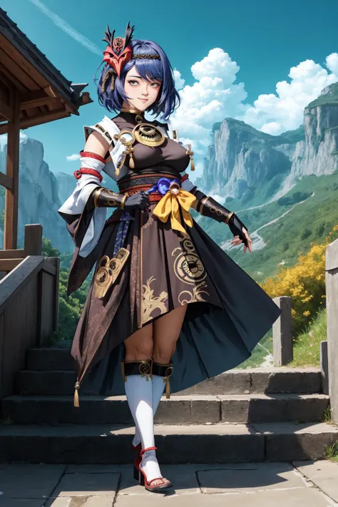(masterpiece, best quality:1.2), (absurdres, highres, ultra-detailed), (perfect anatomy), <lora:add_detail:0.3>, <lora:genshinfull1:1>, kujousaradef, full body, smile, blush, outdoors, day, blue sky, sky, temple, looking at viewer, stairs, mountain, moody lighting, flashgitz, fat, <lora:FlashgitzV1:1.2>