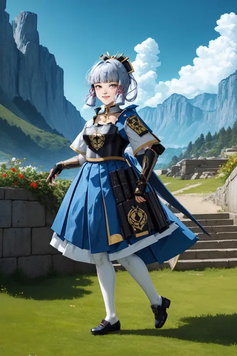 (masterpiece, best quality:1.2), (absurdres, highres, ultra-detailed), (perfect anatomy), <lora:add_detail:0.3>, <lora:genshinfull1:1>, kamisatoayakadef, full body, smile, blush, outdoors, day, blue sky, sky, temple, looking at viewer, stairs, mountain, moody lighting, flashgitz, fat, <lora:FlashgitzV1:1.2>