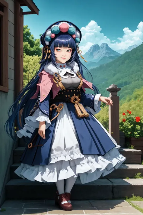 (masterpiece, best quality:1.2), (absurdres, highres, ultra-detailed), (perfect anatomy), <lora:add_detail:0.3>, <lora:genshinfull1:1>, yunjindef, full body, smile, blush, outdoors, day, blue sky, sky, temple, looking at viewer, stairs, mountain, moody lighting, flashgitz, fat, <lora:FlashgitzV1:1.2>