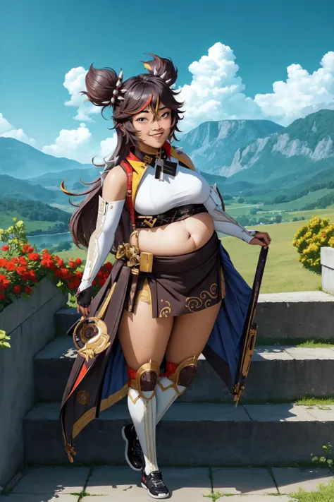 (masterpiece, best quality:1.2), (absurdres, highres, ultra-detailed), (perfect anatomy), <lora:add_detail:0.3>, <lora:genshinfull1:1>, xinyandef, full body, smile, blush, outdoors, day, blue sky, sky, temple, looking at viewer, stairs, mountain, moody lighting, flashgitz, fat, <lora:FlashgitzV1:1.2>