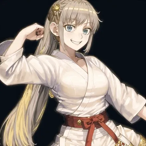 <lora:junavas_jun-07-03--avas-09-01:1>,
1girl, beautiful cute anime young female karate fighter, ornate, grace, energetic, white, yellow, gray, intricate, cinematic gym, elegant, beige mist, beautiful, large vivid symmetrical eyes, highly detailed, dramatic lighting, cute smug wide smile, sharp focus