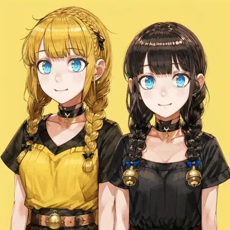 <lora:junavas_jun-07-03--avas-09-01:1>,
2girls, bangs, blunt bangs, vivd eyes, cute choker, clothing cutout with bell, head rest, sunny, braid