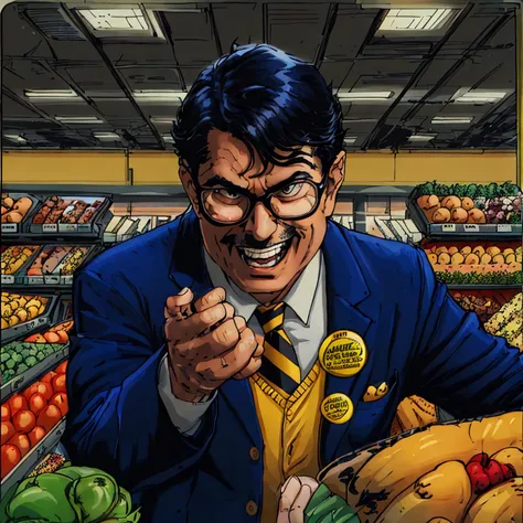 medium shot of mrlobo picking produce at the grocery store, angry big smile, withLora(n47-v1-mrlobo,0.5), blue jacket, tie, glasses