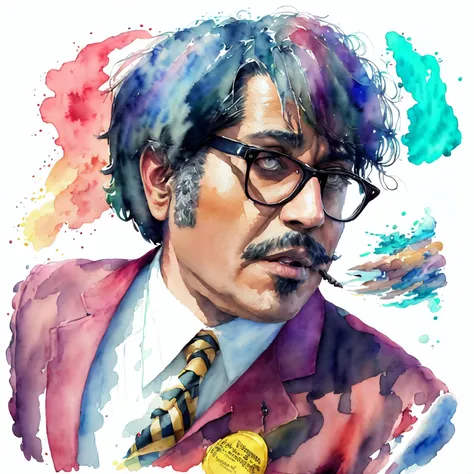 watercolor++ mrlobo at sea, looking shocked, jacket, tie, glasses, pencil sketch, medium shot withLora(n47-v1-mrlobo,0.85)