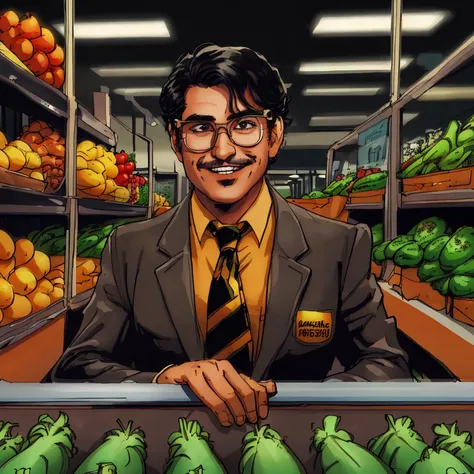 medium shot of mrlobo picking produce at the grocery store, big smile, withLora(n47-v1-mrlobo,0.5), jacket, tie, glasses