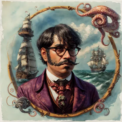 1800s watercolor, mrlobo at sea, looking shocked, octopus, jacket, tie, glasses, medium shot withLora(n47-v1-mrlobo,0.75) withLora(_add_detail,0.75)