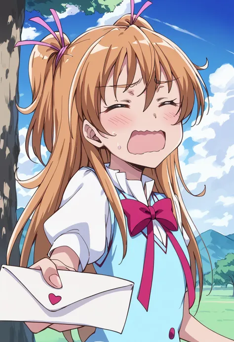 score_9, score_8_up, score_7_up, source_anime BREAK
houjou hibiki, aria gakuen school uniform, 1girl, two side up, solo, long hair, closed eyes, open mouth, blush, cloud, day, brown hair, = =, sweatdrop, orange hair, hair ribbon, blonde hair, half updo, ponytail, outdoors, blue skirt, blue sky, sweat, wavy mouth, throwing, blue vest, eyelashes, outstretched arms, holding letter, hill, letter, outstretched arm, pink bow, mountain, blue shirt, tree, puffy short sleeves, hair ornament
<lora:cure_melody_houjou_hibiki_sdxl_locon_pony_v1:0.7>