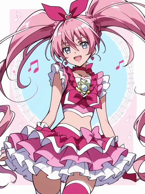cure melody, pink hair, twintails, very long hair, hair between eyes, braid, eyelashes, eyebrows visible through hair, blue eyes, crop top, pink shirt, frilled shirt, frilled sleeves, pink choker, ribbon choker, pink neckwear, hair bow, pink bow, hair ornament, hairband, earrings, brooch, wrist cuffs, arm warmers, pink skirt, frilled skirt, layered skirt, miniskirt, petticoat, pink legwear, pink thighhighs, pink footwear, thigh boots, midriff, navel, <lora:cure_melody_houjou_hibiki_sdxl_locon_pony_v1:0.7>, score_9, score_8_up, score_7_up, 1girl, solo, looking at viewer, multicolored background, musical note, happy