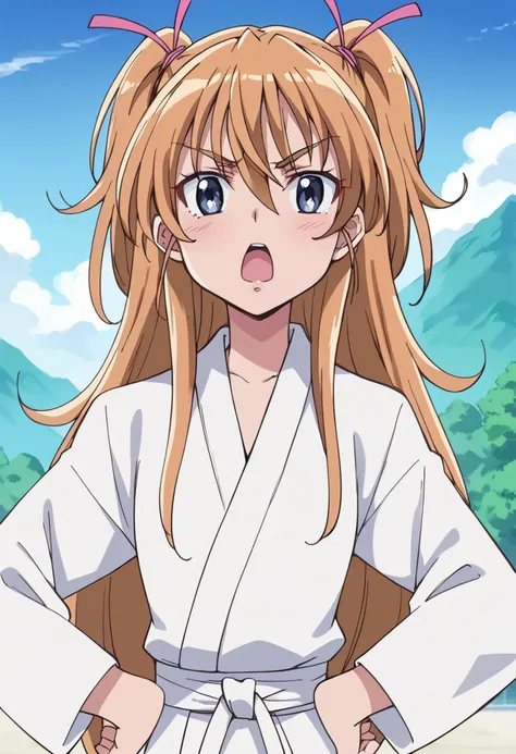 score_9, score_8_up, score_7_up, source_anime BREAK
houjou hibiki, 1girl, solo, two side up, blue eyes, open mouth, hands on hips, dougi, eyelashes, looking at viewer, angry, orange hair, blonde hair, brown hair, hair ribbon, karate gi, day, outdoors, tree, japanese clothes, :o, upper body, depth of field, twintails, blush, long sleeves, cloud, eyebrows visible through hair, very long hair, shouting, white shirt, anime coloring, mountain, hair ornament, v-shaped eyebrows, hair between eyes, blue sky, eyebrows, nature, hands on own hips, belt
<lora:cure_melody_houjou_hibiki_sdxl_locon_pony_v1:0.7>