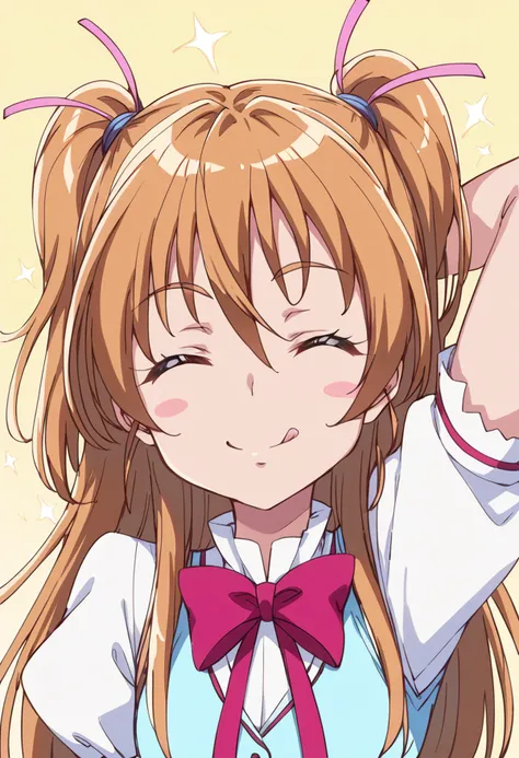 score_9, score_8_up, score_7_up, source_anime BREAK
houjou hibiki, aria gakuen school uniform, 1girl, solo, closed eyes, long hair, tongue out, two side up, smile, blush stickers, blonde hair, :q, school uniform, sparkle, brown hair, arm behind head, ^ ^, eyelashes, hair ribbon, :p, pink bow, half updo, blush, upper body, arm up, pink background, bowtie, puffy short sleeves, gradient background, dojikko pose, twintails, red bow, hair ornament, closed mouth, white shirt, blue vest, eyebrows visible through hair, happy, sparkle background, shiny hair, red neckwear, orange hair, open mouth, bangs, portrait, facing viewer, ;q, pink ribbon, simple background, yellow background, face, licking lips
<lora:cure_melody_houjou_hibiki_sdxl_locon_pony_v1:0.7>