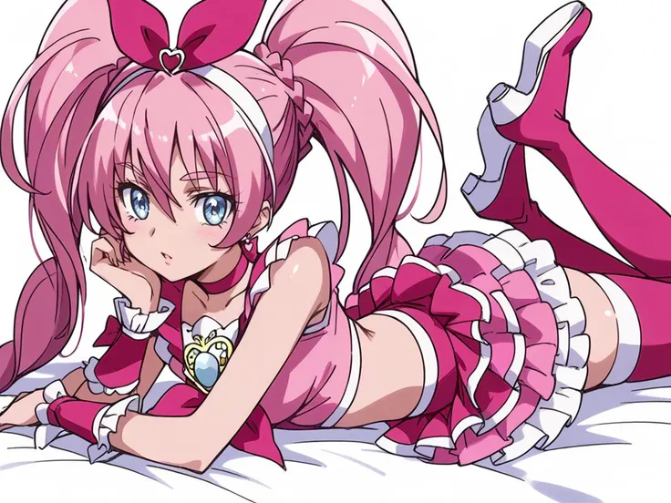 cure melody, pink hair, twintails, very long hair, hair between eyes, braid, eyelashes, eyebrows visible through hair, blue eyes, crop top, pink shirt, frilled shirt, frilled sleeves, pink choker, ribbon choker, pink neckwear, hair bow, pink bow, hair ornament, hairband, earrings, brooch, wrist cuffs, arm warmers, pink skirt, frilled skirt, layered skirt, miniskirt, petticoat, pink legwear, pink thighhighs, pink footwear, thigh boots, midriff, navel, <lora:cure_melody_houjou_hibiki_sdxl_locon_pony_v1:0.7>, score_9, score_8_up, score_7_up, 1girl, solo, looking at viewer, simple background, head on hand, lying on stomach