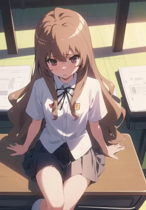 8k, A masterpiece of softcore pornography shot by Kishin Shinoyama, Bast quality,big, RAW Photos, (Ultra-thin contour lines), (1 girl), iori minase, Idol Master, Dark brown eyes, Highlight Eye, Dark brown hair, Disheveled Hair, Professional Lighting, (Glowing Skin: 1.2), shiny big, ((Highest quality)), Sharp focus: 1.2, Highly detailed face and skin texture, fine grain, Perfect Face, Perfect body, Blur Art, CG, background, milk, in front (13 years old, Cool and beautiful girl face), wear ((one piece)), thigh), blush, (Porn Cosplayer), (Camel Toe, White panties), Gravure idol style table, She pulled up her skirt to avoid the heat..、I sat on the desk with my knees raised...。., My favorite girl, Browsing Caution,