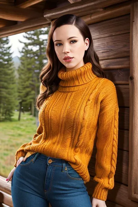portrait of (DEN_elizabeth_marxs:0.9) wearing a woollen turtle neck jumper and jeans in a log cabin, high neck, jumper, woollen jumper, jeans, trousers,
headshot, centre frame, face focus, head focus,
photorealistic, high detail, detailed, realistic, intricate,