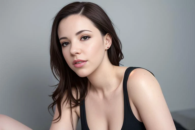 Photo of Chloe Bennet, modelling in front of black background, photo studio, cleavage, black tube top, jeans
