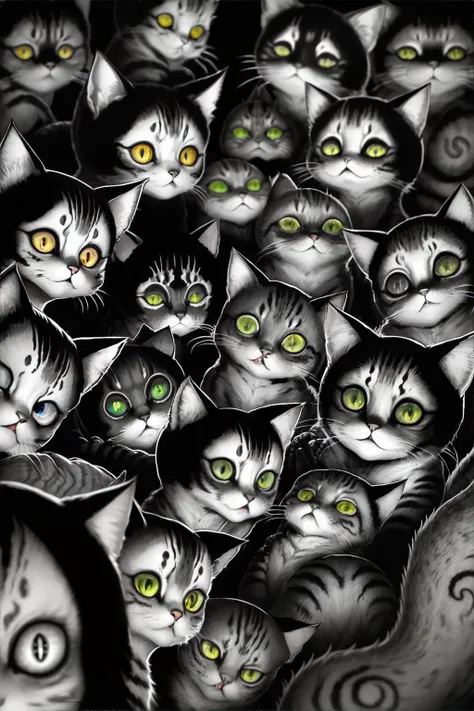 <lora:junjiitostyle:0.6> a group of cats, junji ito style, inked, horror, masterpiece, 8k, high resolution, shallow depth of field, sharp focus