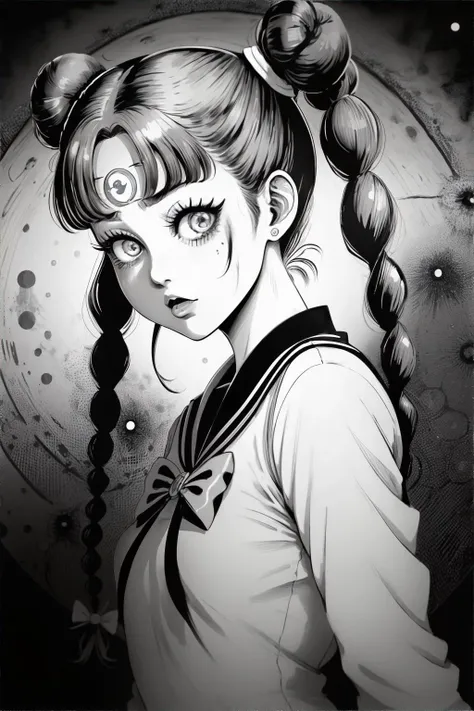 <lora:junjiitostyle:0.6>, sailor moon, twin pigtails, space buns, vintage sailor uniform, junji ito style, inked, (horror:1.5), masterpiece, 8k, high resolution, shallow depth of field, sharp focus
